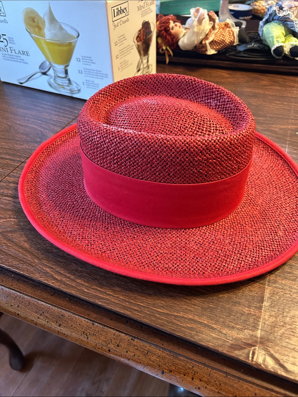 Preston & York Red Straw Boater with Ribbon